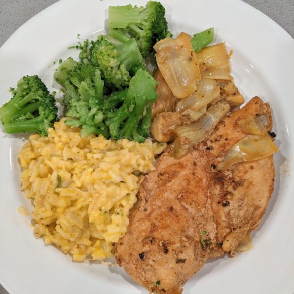 Lemon artichoke chicken with cheddar broccoli rice and broccoli