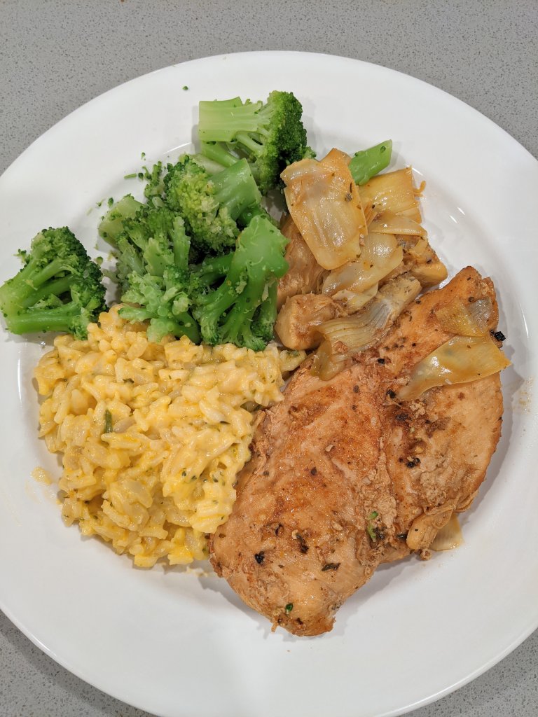 Lemon artichoke chicken with cheddar broccoli rice and broccoli